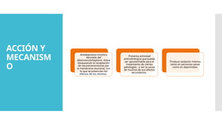 ACCIÓN Y
MECANISM
O
Antidepresivo tricíclico
derivado del
dibenzociclohepteno. Actúa
bloqueando la recaptación
de neurotransmisores por
la membrana neuronal, con
lo que se potencian los
efectos de los mismos.
Presenta actividad
anticolinérgica que puede
ser aprovechable para el
tratamiento de ciertas
patologías , o ser la causa
de muchos de sus efectos
secundarios.
Produce sedación intensa
tanto en personas sanas
como en deprimidas.
 