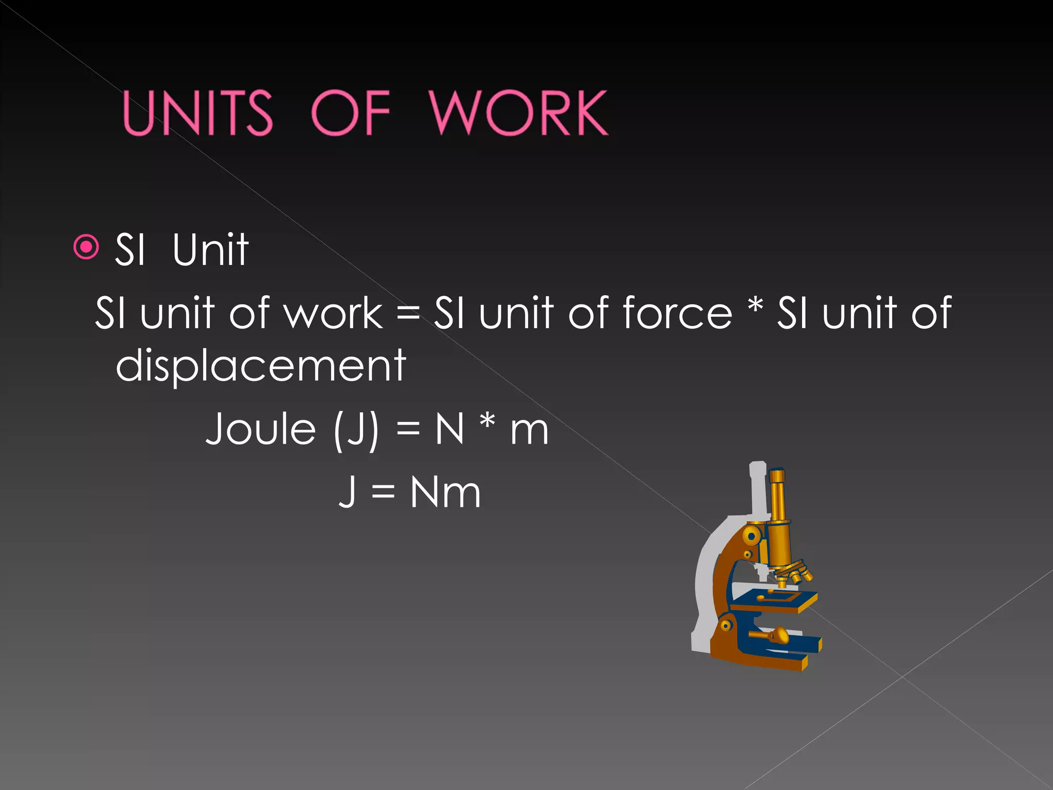 SI  Unit SI unit of work = SI unit of force * SI unit of displacement Joule (J) = N * m J = Nm  