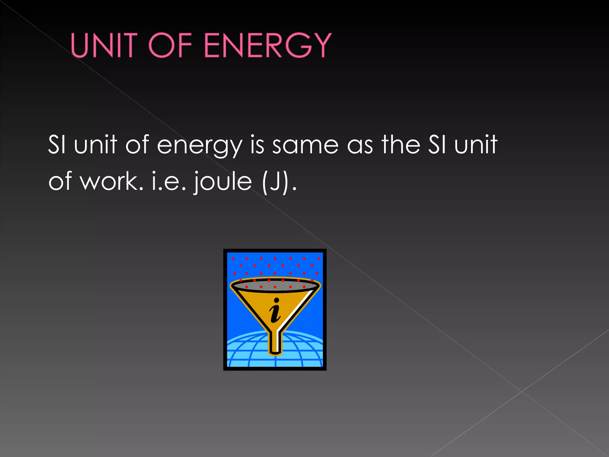 SI unit of energy is same as the SI unit of work. i.e. joule (J). 
