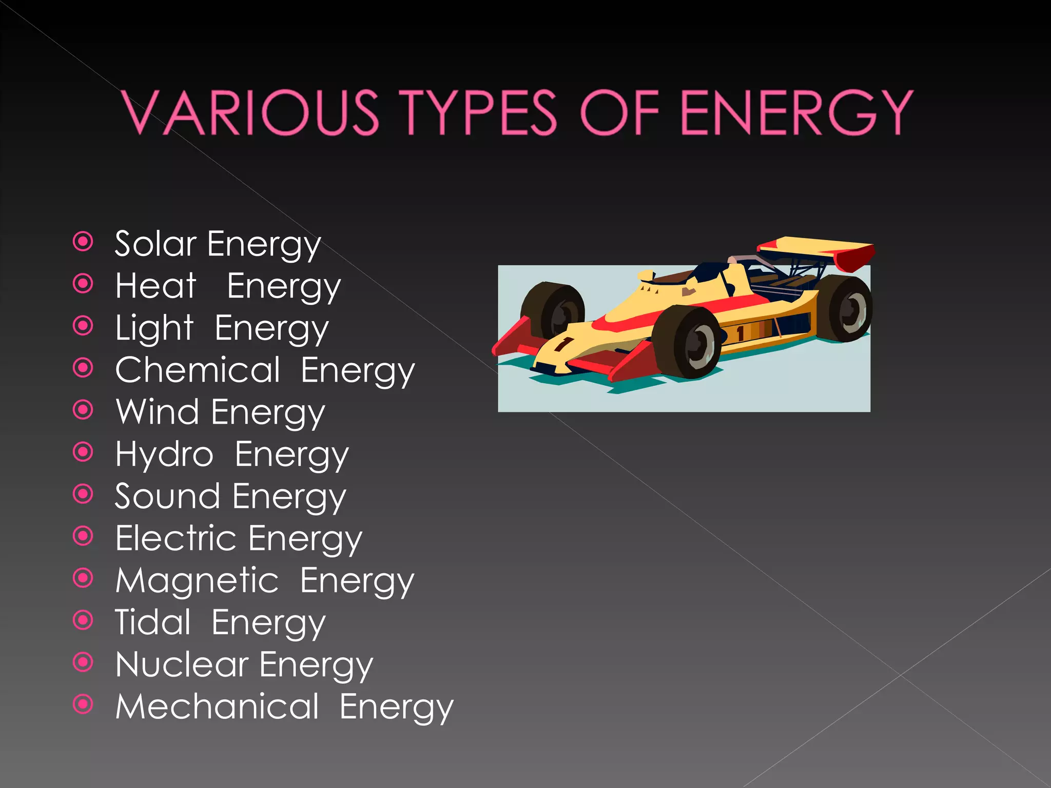 Solar Energy Heat  Energy Light  Energy Chemical  Energy Wind Energy Hydro  Energy Sound Energy Electric Energy Magnetic  Energy Tidal  Energy Nuclear Energy Mechanical  Energy 