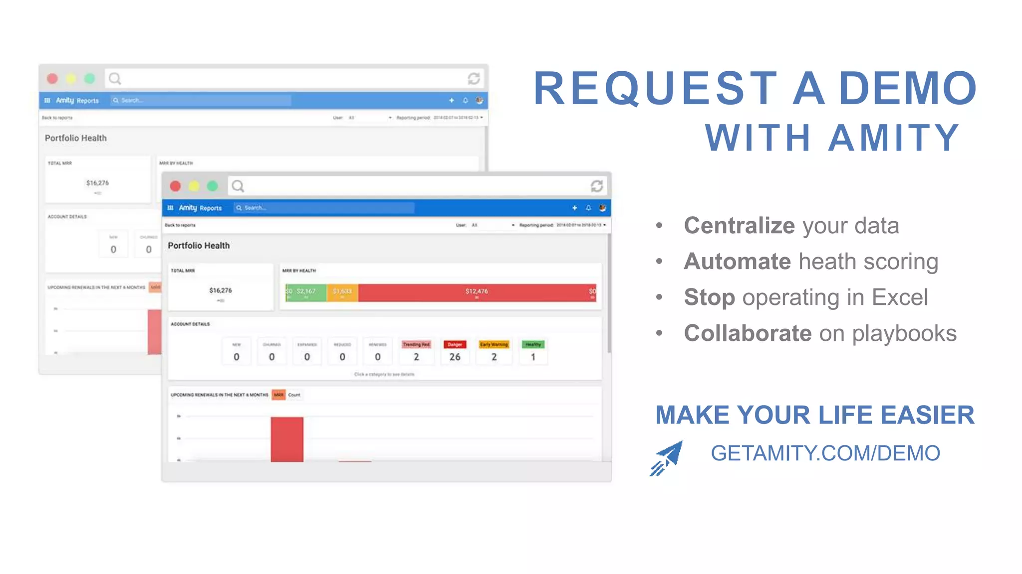 GETAMITY.COM/DEMO
• Centralize your data
• Automate heath scoring
• Stop operating in Excel
• Collaborate on playbooks
MAKE YOUR LIFE EASIER
 