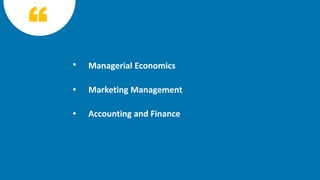 Managerial Economics
Marketing Management
Accounting and Finance
 