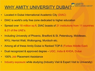 WHY AMITY UNIVERSITY DUBAI?
• Located in Dubai International Academic City (DIAC)
• DIAC is world’s only free zone dedicated to higher education
• Spread over 18 million sq ft, DIAC boasts of 21 institutions from 11 countries
& 21 of the UAE's.
• Including University of Phoenix, Bradford & St. Petersburg, Middlesex,
NYU, Herriot Watt, Wollongong, Murdoch etc.
• Among all of these Amity Dubai is Ranked TOP-5 (Forbes Middle East)
• Dual recognized & approved degree – UGC, India & KHDA, Dubai
• 100% Job Placement Assistance
• Industry exposure while studying (Industry Visit & Expert Visit to University)
 