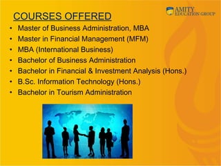 • Master of Business Administration, MBA
• Master in Financial Management (MFM)
• MBA (International Business)
• Bachelor of Business Administration
• Bachelor in Financial & Investment Analysis (Hons.)
• B.Sc. Information Technology (Hons.)
• Bachelor in Tourism Administration
COURSES OFFERED
 