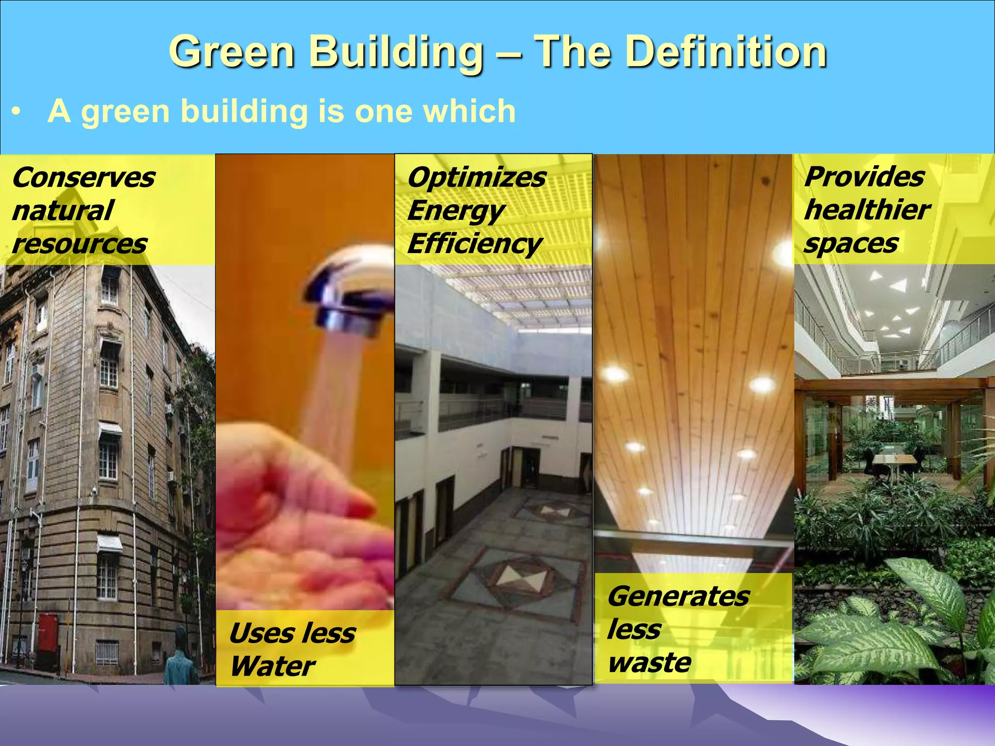 Green Building – The Definition
• A green building is one which
Uses less
Water
Optimizes
Energy
Efficiency
Conserves
natural
resources
Generates
less
waste
Provides
healthier
spaces
 