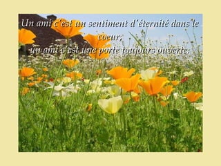 Un ami c'est un sentiment d'éternité dans le
                  coeur,
 un ami c'est une porte toujours ouverte.
 