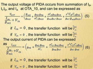 The output voltage of PIDA occurs from summation of IP,
II,ID, and IA at OTA_10, and can be expressed as
The output current of PIDA can be expressed
as
(5)
(6)
if , the transfer function will be
if , the transfer function will be
if , the transfer function will be
if , the transfer function will be
 