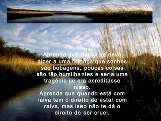 Aprende que nunca se deve
dizer a uma criança que sonhos
são bobagens, poucas coisas
são tão humilhantes e seria uma
tragédia se ela acreditasse
nisso.
Aprende que quando está com
raiva tem o direito de estar com
raiva, mas isso não te dá o
direito de ser cruel.
 