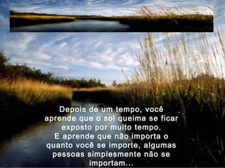 Depois de um tempo, você
aprende que o sol queima se ficar
exposto por muito tempo.
E aprende que não importa o
quanto você se importe, algumas
pessoas simplesmente não se
importam...
 
