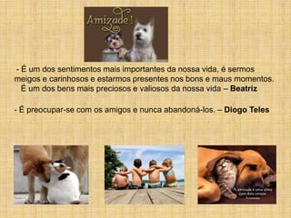 - É um dos sentimentos mais importantes da nossa vida, é sermos
meigos e carinhosos e estarmos presentes nos bons e maus momentos.
  É um dos bens mais preciosos e valiosos da nossa vida – Beatriz

- É preocupar-se com os amigos e nunca abandoná-los. – Diogo Teles
 