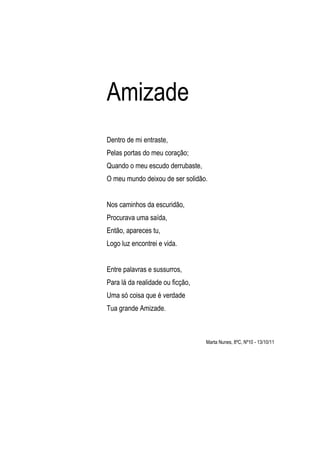 Amizade
Dentro de mi entraste,
Pelas portas do meu coração;
Quando o meu escudo derrubaste,
O meu mundo deixou de ser soli...