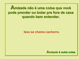 A mizade não é uma coisa que você pode prender ou botar pra fora de casa quando bem entender. A mizade  é outra coisa. Isso se chama cachorro. 