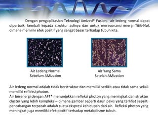 Dengan pengaplikasian Teknologi Amized® Fusion, air ledeng normal dapat
diperbaiki kembali kepada struktur aslinya dan untuk meresonansi energi Titik-Nol,
dimana memiliki efek positif yang sangat besar terhadap tubuh kita.
Air Ledeng Normal
Sebelum AMization
Air Yang Sama
Setelah AMization
Air ledeng normal adalah tidak berstruktur dan memiliki sedikit atau tidak sama sekali
memiliki refleksi photon.
Air berenergi dengan AFT* menunjukkan refleksi photon yang meningkat dan struktur
cluster yang lebih kompleks – dimana gambar seperti daun pakis yang terlihat seperti
pencabangan terpecah adalah suatu ekspresi kehidupan dari air. Refleksi photon yang
meningkat juga memiliki efek positif terhadap metabolisme tubuh.
 