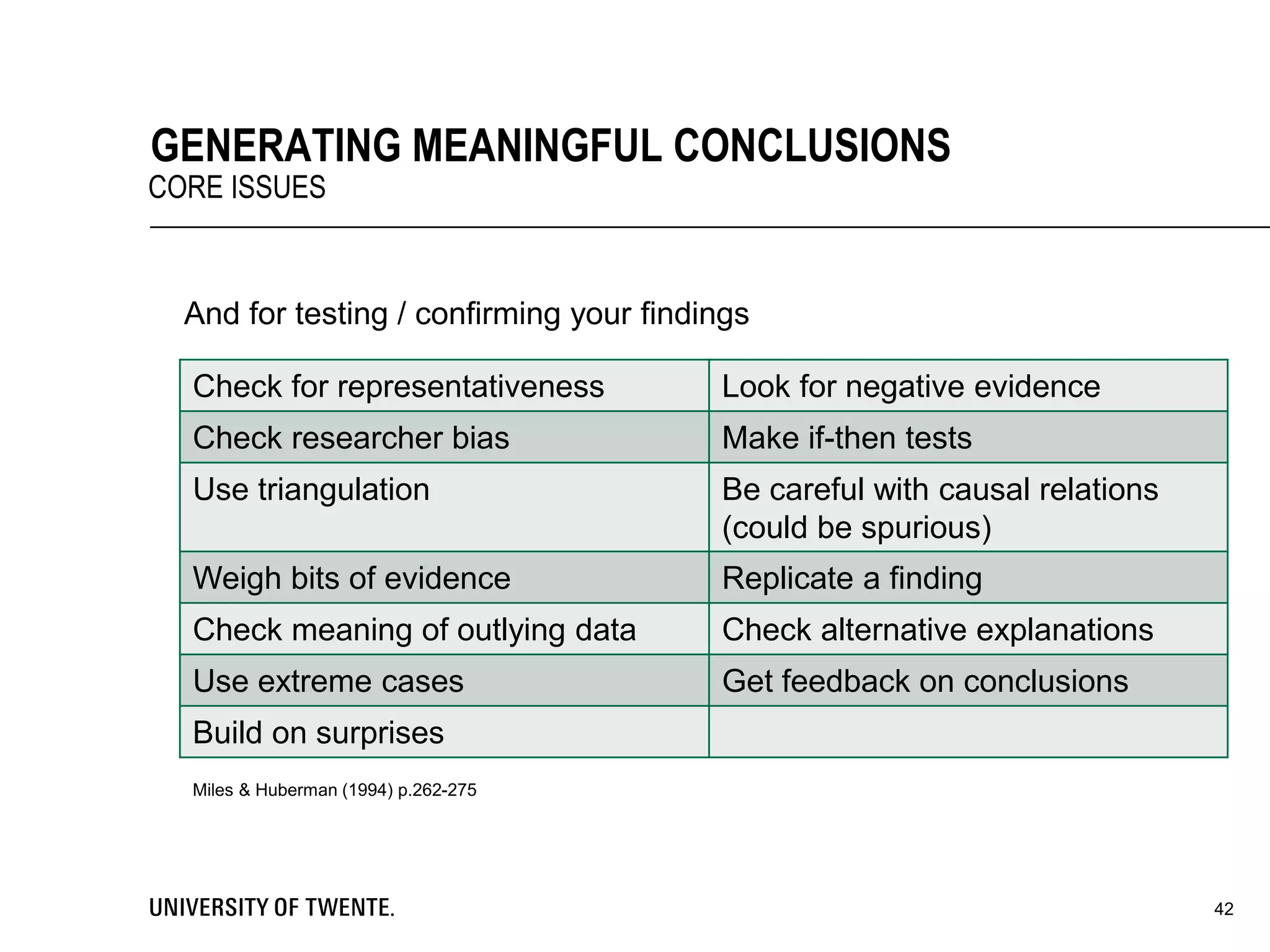 And for testing / confirming your findings
42
GENERATING MEANINGFUL CONCLUSIONS
CORE ISSUES
Check for representativeness Look for negative evidence
Check researcher bias Make if-then tests
Use triangulation Be careful with causal relations
(could be spurious)
Weigh bits of evidence Replicate a finding
Check meaning of outlying data Check alternative explanations
Use extreme cases Get feedback on conclusions
Build on surprises
Miles & Huberman (1994) p.262-275
 