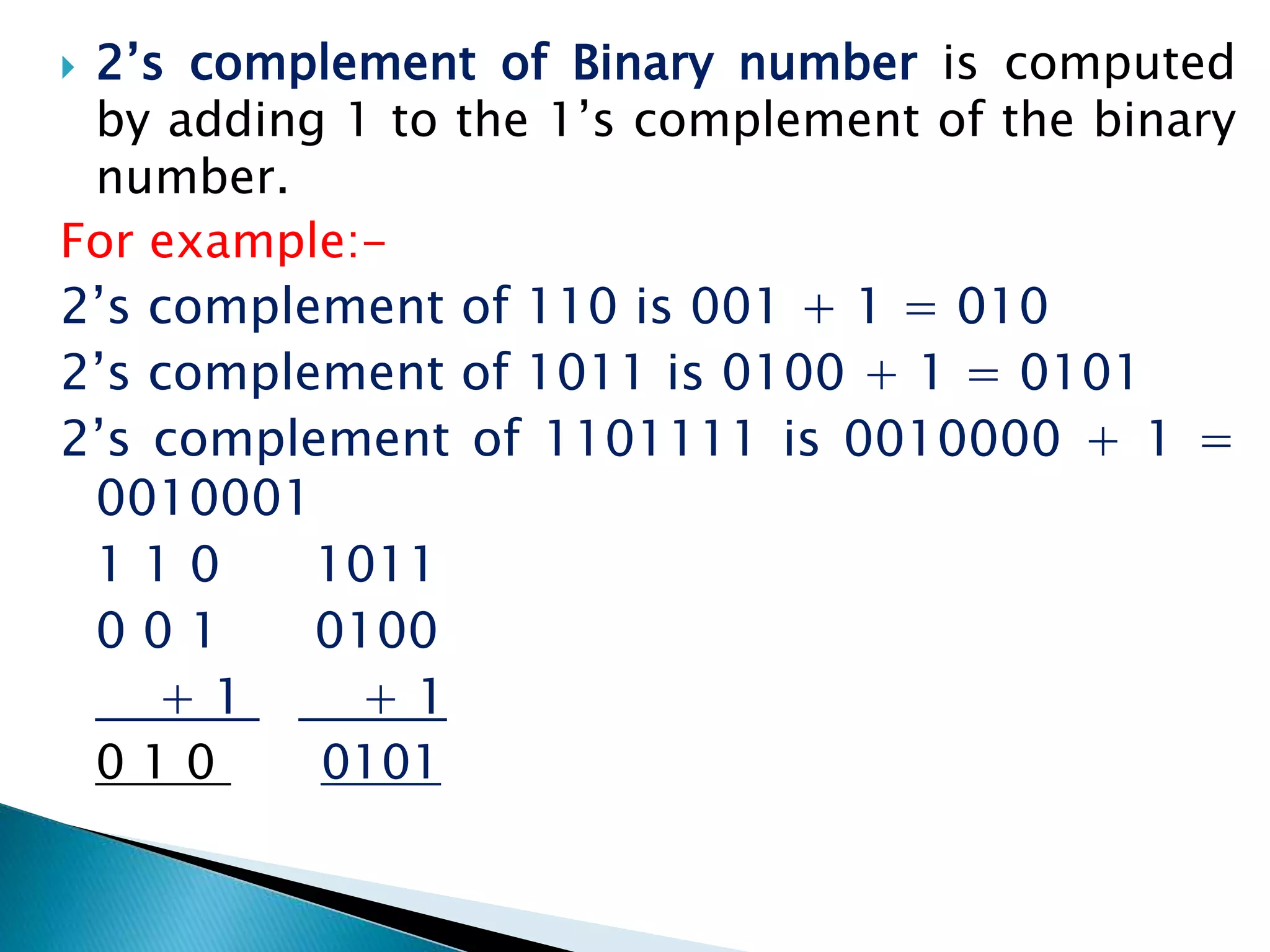  2’s complement of Binary number is computed
by adding 1 to the 1’s complement of the binary
number.
For example:-
2’s complement of 110 is 001 + 1 = 010
2’s complement of 1011 is 0100 + 1 = 0101
2’s complement of 1101111 is 0010000 + 1 =
0010001
1 1 0 1011
0 0 1 0100
+ 1 + 1
0 1 0 0101
 
