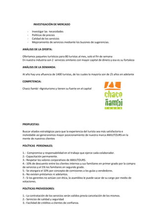 INVESTIGACIÓN DE MERCADO

    -   Investigar las necesidades
    -   Políticas de precios
    -   Calidad de los servicios
    -   Mejoramiento de servicios mediante los buzones de sugerencias.

ANÁLISIS DE LA OFERTA:

Ofertamos paquetes turísticos para 80 turistas al mes, solo el fin de semana
En nuestra industria son 2 servicios similares con mayor capital de dinero y esa es su fortaleza

ANÁLISIS DE LA DEMANDA:

Al año hay una afluencia de 1400 turistas, de los cuales la mayoría son de 25 años en adelante

COMPETENCIA:

Chaco ñambí –Agroturismo y tienen su fuerte en el capital




PROPUESTAS:

Buscar aliados estratégicos para que la experiencia del turista sea más satisfactoria e
inolvidable así generaremos mayor posicionamiento de nuestra marca AMJUTOURS en la
mente de nuestros clientes

POLÍTICAS PERSONALES:

1.- Compromiso y responsabilidad en el trabajo que ejerce cada colaborador.
2.- Capacitación permanente.
3.- Respetar los valores corporativos de AMJUTOURS.
4.- 10% de descuento entre los clientes internos y sus familiares en primer grado por la compra
de servicios y el 5% los familiares en segundo grado.
5.- Se otorgara el 10% por concepto de comisiones a los guías y vendedores.
6.- No existen préstamos ni adelantos.
7.- Si los gerentes no actúan con ética, la asamblea le puede sacar de su cargo por medio de
votaciones.

POLÍTICAS PROVEEDORES:

1.- La contratación de los servicios serán validos previa cancelación de los mismos.
2.- Servicios de calidad y seguridad
3.- Facilidad de créditos a clientes de confianza.
 