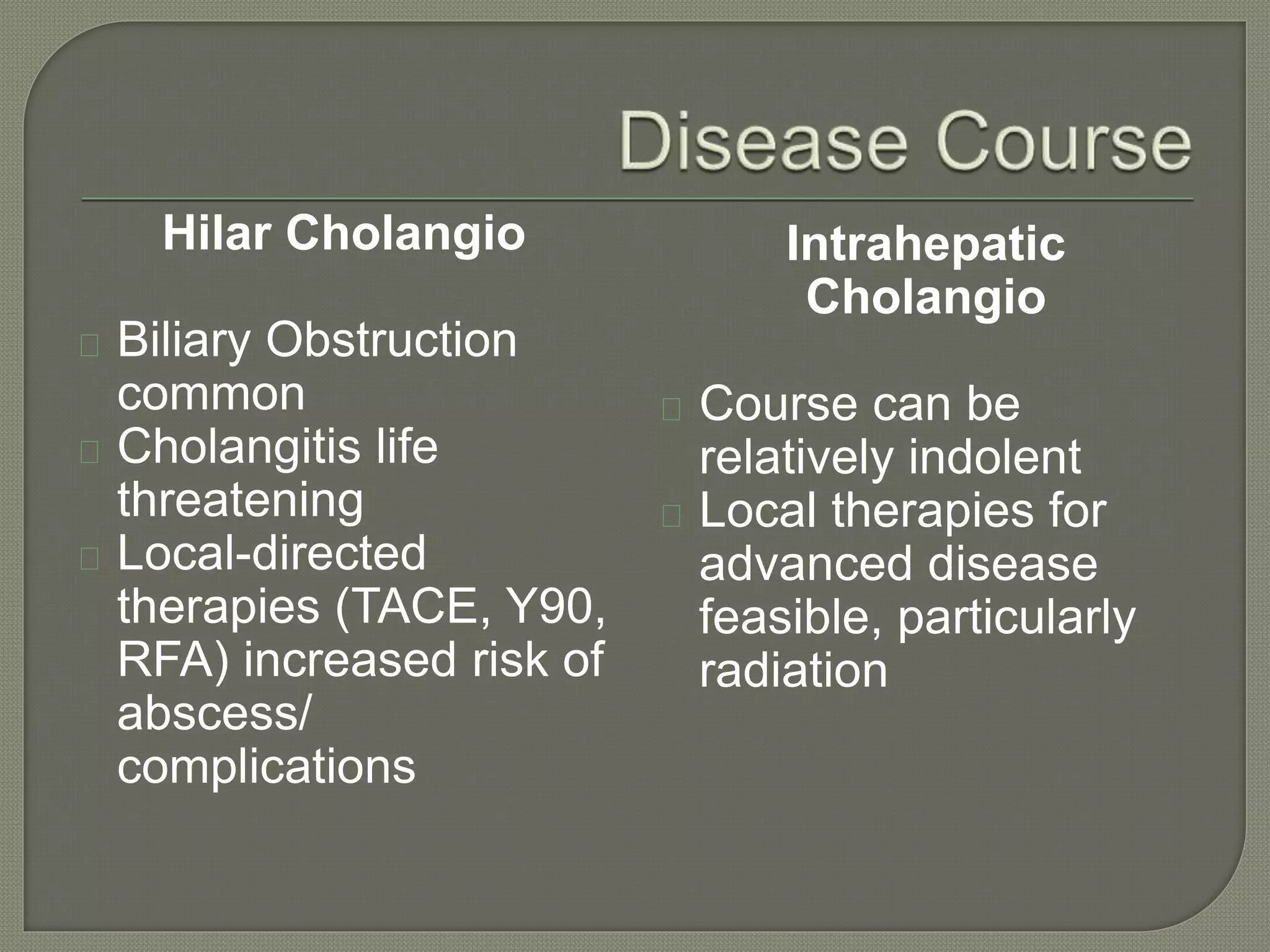 Hilar Cholangio 
Biliary Obstruction 
common 
Cholangitis life 
threatening 
Local-directed 
therapies (TACE, Y90, 
RFA) increased risk of 
abscess/ 
complications 
Intrahepatic 
Cholangio 
Course can be 
relatively indolent 
Local therapies for 
advanced disease 
feasible, particularly 
radiation 
 