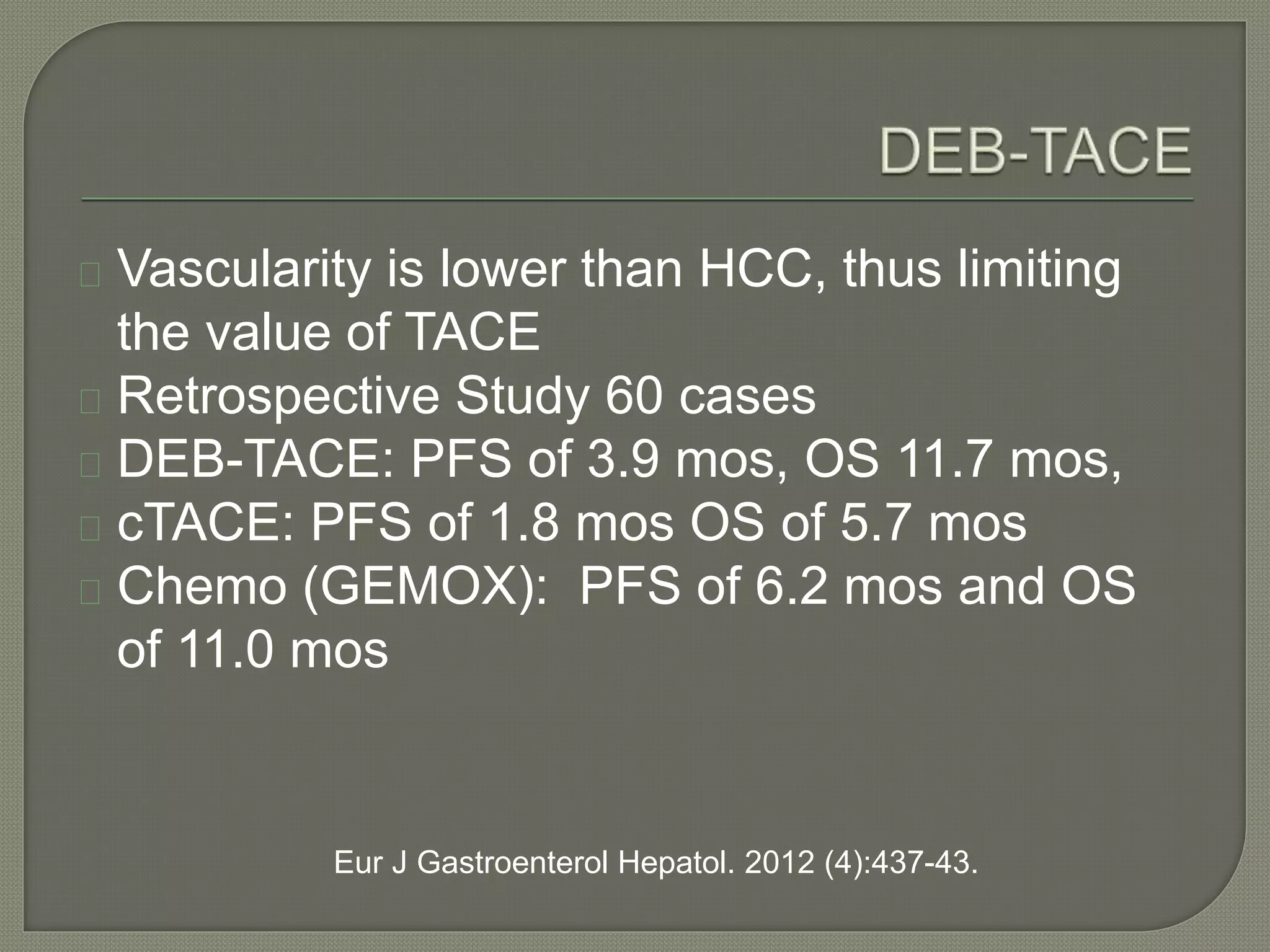 Vascularity is lower than HCC, thus limiting 
the value of TACE 
Retrospective Study 60 cases 
DEB-TACE: PFS of 3.9 mos, OS 11.7 mos, 
cTACE: PFS of 1.8 mos OS of 5.7 mos 
Chemo (GEMOX): PFS of 6.2 mos and OS 
of 11.0 mos 
Eur J Gastroenterol Hepatol. 2012 (4):437-43. 
 
