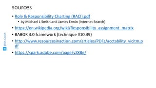 @BACoach
sources
• Role & Responsibility Charting (RACI).pdf
• by Michael L Smith and James Erwin (Internet Search)
• https://en.wikipedia.org/wiki/Responsibility_assignment_matrix
• BABOK 3.0 framework (technique #10.39)
• http://www.resourcesinaction.com/articles/PDFs/acctability_vicitm.p
df
• https://spark.adobe.com/page/vZ8Be/
 
