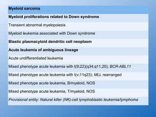 Myeloid sarcoma

Myeloid proliferations related to Down syndrome

Transient abnormal myelopoiesis

Myeloid leukemia associated with Down syndrome

Blastic plasmacytoid dendritic cell neoplasm

Acute leukemia of ambiguous lineage

Acute undifferentiated leukemia

Mixed phenotype acute leukemia with t(9;22)(q34;q11,20); BCR-ABL11

Mixed phenotype acute leukemia with t(v;11q23); MLL rearranged

Mixed phenotype acute leukemia, B/myeloid, NOS

Mixed phenotype acute leukemia, T/myeloid, NOS

Provisional entity: Natural killer (NK)-cell lymphoblastic leukemia/lymphoma
 