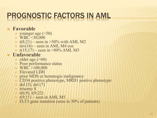 PROGNOSTIC FACTORS IN AML
 Favorable
 younger age (<50)
 WBC <30,000
 t(8;21) – seen in >50% with AML M2
 inv(16) – seen in AML M4 eos
 t(15;17) – seen in >80% AML M3
 Unfavorable
 older age (>60)
 Poor performance status
 WBC >100,000
 Elevated LDH
 prior MDS or hematogic malignancy
 CD34 positive phenotype, MRD1 postive phenotype
 del (5), del (7)
 trisomy 8
 t(6;9), t(9;22)
 t(9;11) – seen in AML M5
 FLT3 gene mutation (seen in 30% of patients)
23
 