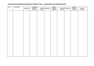 FICHA DE AVALIAÇÃO DE ESTOQUE: PRODUTO AAA – APURAÇÃO PELO MÉTODO PEPS
DATA HISTÓRICO ENTRADA SAÍDA SALDO
QUANTID VALOR VALOR QUANTID VALOR VALOR QUANTID VALOR VALOR
UNITAR TOTAL UNITAR TOTAL UNITAR TOTAL
 