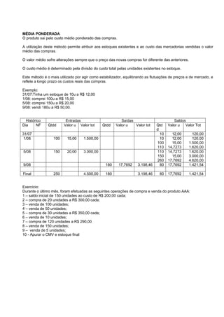 MÉDIA PONDERADA
O produto sai pelo custo médio ponderado das compras.
A utilização deste método permite atribuir aos estoques existentes e ao custo das mercadorias vendidas o valor
médio das compras.
O valor médio sofre alterações sempre que o preço das novas compras for diferente das anteriores.
O custo médio é determinado pela divisão do custo total pelas unidades existentes no estoque.
Este método é o mais utilizado por agir como estabilizador, equilibrando as flutuações de preços e de mercado, e
reflete a longo prazo os custos reais das compras.
Exemplo:
31/07:Tinha um estoque de 10u a R$ 12,00
1/08: comprei 100u a R$ 15,00
5/08: comprei 150u a R$ 20,00
9/08: vendi 180u a R$ 50,00.
Histórico Entradas Saídas Saldos
Dia NF Qtdd Valor u Valor tot Qtdd Valor u Valor tot Qtd
d
Valor u Valor Tot
31/07 10 12,00 120,00
1/08 100 15,00 1.500,00 10
100
110
12,00
15,00
14,7273
120,00
1.500,00
1.620,00
5/08 150 20,00 3.000,00 110
150
260
14,7273
15,00
17,7692
1.620,00
3.000,00
4.620,00
9/08 180 17,7692 3.198,46 80 17,7692 1.421,54
Final 250 4.500,00 180 3.198,46 80 17,7692 1.421,54
Exercício:
Durante o último mês, foram efetuadas as seguintes operações de compra e venda do produto AAA:
1 – saldo inicial de 150 unidades ao custo de R$ 200,00 cada;
2 – compra de 20 unidades a R$ 300,00 cada;
3 – venda de 100 unidades;
4 – venda de 50 unidades;
5 – compra de 30 unidades a R$ 350,00 cada;
6 – venda de 10 unidades;
7 – compra de 120 unidades a R$ 290,00
8 – venda de 150 unidades;
9 – venda de 5 unidades;
10 - Apurar o CMV e estoque final
 
