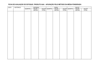 FICHA DE AVALIAÇÃO DE ESTOQUE: PRODUTO AAA – APURAÇÃO PELO MÉTODO DA MÉDIA PONDERADA
DATA HISTÓRICO ENTRADA SAÍDA SALDO
QUANTID VALOR VALOR QUANTID VALOR VALOR QUANTID VALOR VALOR
UNITAR TOTAL UNITAR TOTAL UNITAR TOTAL
 