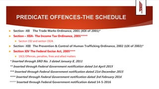 PREDICATE OFFENCES-THE SCHEDULE
 Section -XII The Trade Marks Ordinance, 2001 (XIX of 2001)*
 Section – XIIA- The Income Tax Ordinance, 2001*****
 Section 192 and section 192A
 Section -XIII The Prevention & Control of Human Trafficking Ordinance, 2002 (LIX of 2002)*
 Section XIV The Federal Excise Act, 2005****
 19(3) Offences, penalties, fines and allied matters
* Inserted through SRO No. 3 dated January 8, 2011
** Inserted through Federal Government notification dated 1st April 2015
*** Inserted through Federal Government notification dated 21st December 2015
**** Inserted through Federal Government notification dated 3rd February 2016
***** Inserted through Federal Government notification dated 14-5-2016
 
