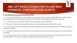 AML-CFT REGULATIONS FOR FIs AND NON
FINANCIAL COMPANIES-RED ALERTS
5. Transactions involving unidentified parties
i) Provision of collateral by way of pledge or guarantee without any discernible plausible reason by third
parties unknown to the bank and who have no identifiable close relationship with the customer;
ii) Transfer of money to another bank without indication of the beneficiary;
iii) Payment orders with inaccurate information concerning the person placing the orders;
iv) Use of pseudonyms or numbered accounts for effecting commercial transactions by enterprises active in
trade and industry;
v) Customer’s holding in trust of shares in an unlisted company whose activities cannot be ascertained by
the bank;
vi) Customers who wish to maintain a number of trustee or clients' accounts that do not appear consistent
with their type of business, including transactions that involve nominee names.
 