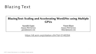 © 2017, Amazon Web Services, Inc. or its Affiliates. All rights reserved.
Blazing Text
https://dl.acm.org/citation.cfm?id=3146354
 