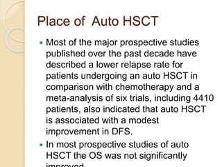 Place of Auto HSCT
 Most of the major prospective studies
published over the past decade have
described a lower relapse rate for
patients undergoing an auto HSCT in
comparison with chemotherapy and a
meta-analysis of six trials, including 4410
patients, also indicated that auto HSCT
is associated with a modest
improvement in DFS.
 In most prospective studies of auto
HSCT the OS was not significantly
 