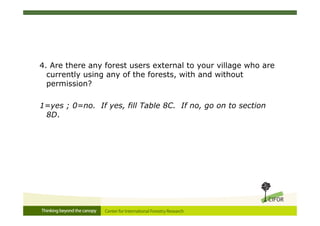 4. Are there any forest users external to your village who are
  currently using any of the forests, with and without
  permission?

1=yes ; 0=no. If yes, fill Table 8C. If no, go on to section
 8D.
 