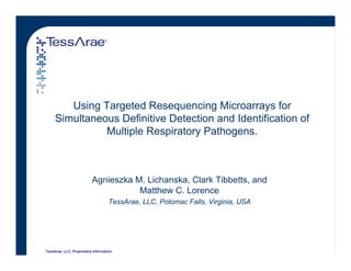 Using Targeted Resequencing Microarrays for
     Simultaneous Definitive Detection and Identification of
               Multiple Respiratory Pathogens.



                          Agnieszka M. Lichanska, Clark Tibbetts, and
                                     Matthew C. Lorence
                                   TessArae, LLC, Potomac Falls, Virginia, USA




TessArae, LLC, Proprietary Information
 