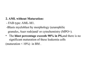 2. AML without Maturation:
- FAB type: AML-M1.
-Blasts myeloblast by morphology (azurophilic
granules, Auer rods)and/ or cytochemistry (MPO+).
• The blast percentage exceeds 90% in PS,and there is no
significant maturation of these leukemia cells
(maturation < 10%) in BM .
 