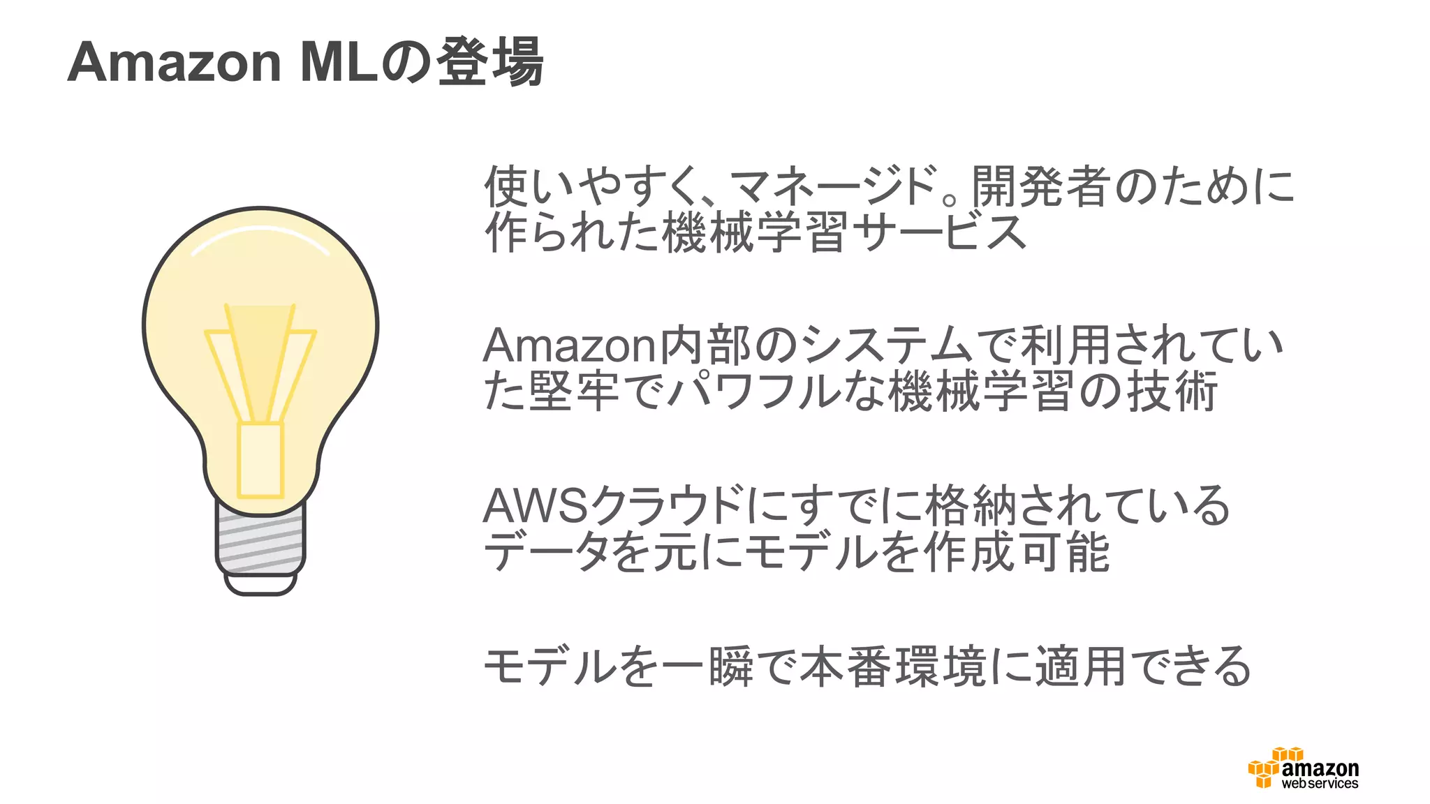 Amazon MLの登場
使いやすく、マネージド。開発者のために
作られた機械学習サービス
Amazon内部のシステムで利用されてい
た堅牢でパワフルな機械学習の技術
AWSクラウドにすでに格納されている
データを元にモデルを作成可能
モデルを一瞬で本番環境に適用できる
 