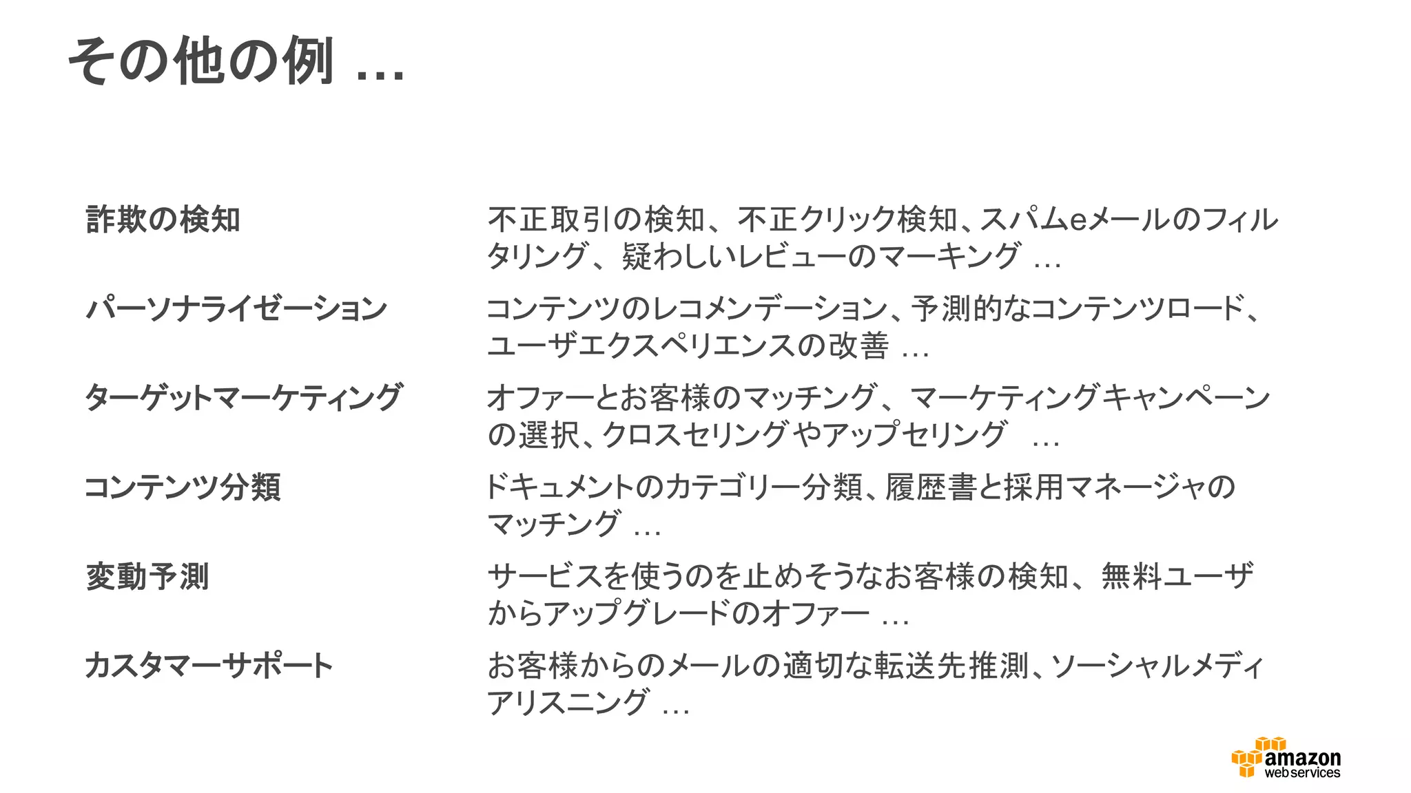 その他の例 …
詐欺の検知 不正取引の検知、 不正クリック検知、スパムeメールのフィル
タリング、 疑わしいレビューのマーキング …
パーソナライゼーション コンテンツのレコメンデーション、予測的なコンテンツロード、
ユーザエクスペリエンスの改善 …
ターゲットマーケティング オファーとお客様のマッチング、 マーケティングキャンペーン
の選択、クロスセリングやアップセリング　…
コンテンツ分類 ドキュメントのカテゴリー分類、履歴書と採用マネージャの
マッチング …
変動予測 サービスを使うのを止めそうなお客様の検知、 無料ユーザ
からアップグレードのオファー …
カスタマーサポート お客様からのメールの適切な転送先推測、ソーシャルメディ
アリスニング …
 