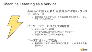 Machine Learning as a Service
Amazon呤줿ّbĥڲƥΥ
`٩`
C? ߤԷ֤ǥ르ꥺΌgװԔʥ`˥
ФҪʤ
ѥå``ӥȤƤṩ:
C? ީ`Ȥʥǩ`Q
C? ǩ`ӥǥ륯`Υ`
C? IΥ٥ȥץ饯ƥi
˩`˺Ϥ碌ƳL
C? ߤϥƥΒ䤽\äˤĤƤ⿼
Ҫʤ
 