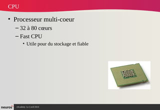 nAcademy Le 2 avril 2014 – Neuros
CPU
• Processeur multi-coeur
– 32 à 80 cœurs
– Fast CPU
• Utile pour du stockage et fiable
 