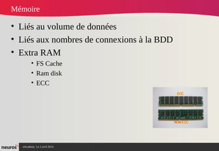 nAcademy Le 2 avril 2014 – Neuros
Mémoire
• Liés au volume de données
• Liés aux nombres de connexions à la BDD
• Extra RAM
• FS Cache
• Ram disk
• ECC
 