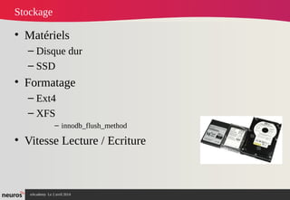 nAcademy Le 2 avril 2014 – Neuros
Stockage
• Matériels
– Disque dur
– SSD
• Formatage
– Ext4
– XFS
– innodb_flush_method
• Vitesse Lecture / Ecriture
 
