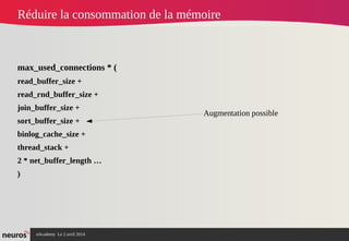 nAcademy Le 2 avril 2014 – Neuros
Réduire la consommation de la mémoire
max_used_connections * (
read_buffer_size +
read_rnd_buffer_size +
join_buffer_size +
sort_buffer_size +
binlog_cache_size +
thread_stack +
2 * net_buffer_length …
)
Augmentation possible
 