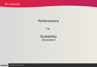 nAcademy Le 2 avril 2014 – Neuros
En résumé
Performance
!=
Scalability
(Evolution)
 