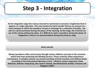 At the integration stage the money returned to mainstream economy in legitimate form it
appears as a legal operation. This may involve the bank transfer final on an account of a
local company in which the launderer invests in exchange for a reduction of profits., the
sale of a yacht purchased during the phase of the stacking. At this stage, the criminal can
use of the money without be taken. It is difficult to catch a launderer during the phase of
integration is there is no documentation during the previous steps
Banks abroad
Money launderers often send money through various offshore accounts in the countries
which have laws protecting the Banking Secrecy -These countries allow anonymous
transactions. A complex scheme can involve hundreds of bank transfers and offshore banks
.according to the International Monetary Fund ,"offshore centers important iclude
Bahamas, Bahrain, Hong Kong, the Cayman Islands, the Netherlands Antilles, Panama and
Singapore (IMF)
Step 3 - Integration
 