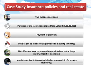 Case Study-Insurance policies and real estate
Two European nationals
Purchase of Life insurance policies (Total value Rs 1,60,80,000)
Payment of premium
Policies put up as collateral (provided by a leasing company)
The offenders were brothers who were involved in the illegal
export/import of classic cars
Non banking institutions could also become conduits for money
laundering.
 