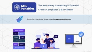 Private & Confidential
The Anti-Money Laundering & Financial
Crimes Compliance Data Platform
Sign up for a free limited time access @ www.amlpenalties.com
Money Laundering
AML
Penalties
Regulators
Banks
Events
News & Updates
Actions
Fines
 