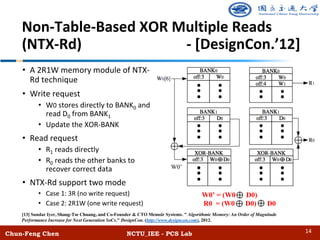 • A 2R1W memory module of NTX-
Rd technique
• Write request
• W0 stores directly to BANK0 and
read D0 from BANK1
• Update the XOR-BANK
• Read request
• R1 reads directly
• R0 reads the other banks to
recover correct data
• NTX-Rd support two mode
• Case 1: 3R (no write request)
• Case 2: 2R1W (one write request)
[13] Sundar Iyer, Shang-Tse Chuang, and Co-Founder & CTO Memoir Systems. " Algorithmic Memory: An Order of Magnitude
Performance Increase for Next Generation SoCs." DesignCon. (http://www.designcon.com), 2012.
Chun-Feng Chen NCTU_IEE - PCS Lab
Non-Table-Based XOR Multiple Reads
(NTX-Rd) - [DesignCon.’12]
W0’ = (W0 D0)
R0 = (W0 D0) D0
W0’
14
 