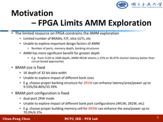 Chun-Feng Chen NCTU_IEE - PCS Lab
Motivation
– FPGA Limits AMM Exploration
• The limited resource on FPGA constrains the AMM exploration
• Limited number of BRAMs, F/F, slice LUTs, etc
• Unable to explore important design factors of AMM
• Number of ports, memory depth, banking structures
• AMM has more significant benefit for greater depth
• E.g. from 512K to 16M-depth, AMM 4R1W attains 1.25% to 36.47% shorter latency better than
circuit-based approaches
• BRAM size is fixed
• 1K depth of 32-bit data width
• Unable to explore impact of different bank sizes
• E.g. choose proper banking structure for 2R1W can enhance latency/area/power up to
9.53%/56.86%/33.39%
• BRAM port configuration is fixed
• dual-port 2RW mode
• Unable to explore impact of different bank port configurations (4R1W, 2R2W, etc)
• E.g. choose proper building memory cell for 8R4W can enhance the area/power up to
70.0%/6.37x
5
 