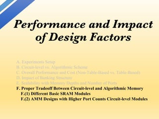 Performance and Impact
of Design Factors
A. Experiments Setup
B. Circuit-level vs. Algorithmic Scheme
C. Overall Performance and Cost (Non-Table-Based vs. Table-Based)
D. Impact of Banking Structure
E. Scalability with Memory Depths and Number of Ports
F. Proper Tradeoff Between Circuit-level and Algorithmic Memory
F.(1) Different Basic SRAM Modules
F.(2) AMM Designs with Higher Port Counts Circuit-level Modules
 