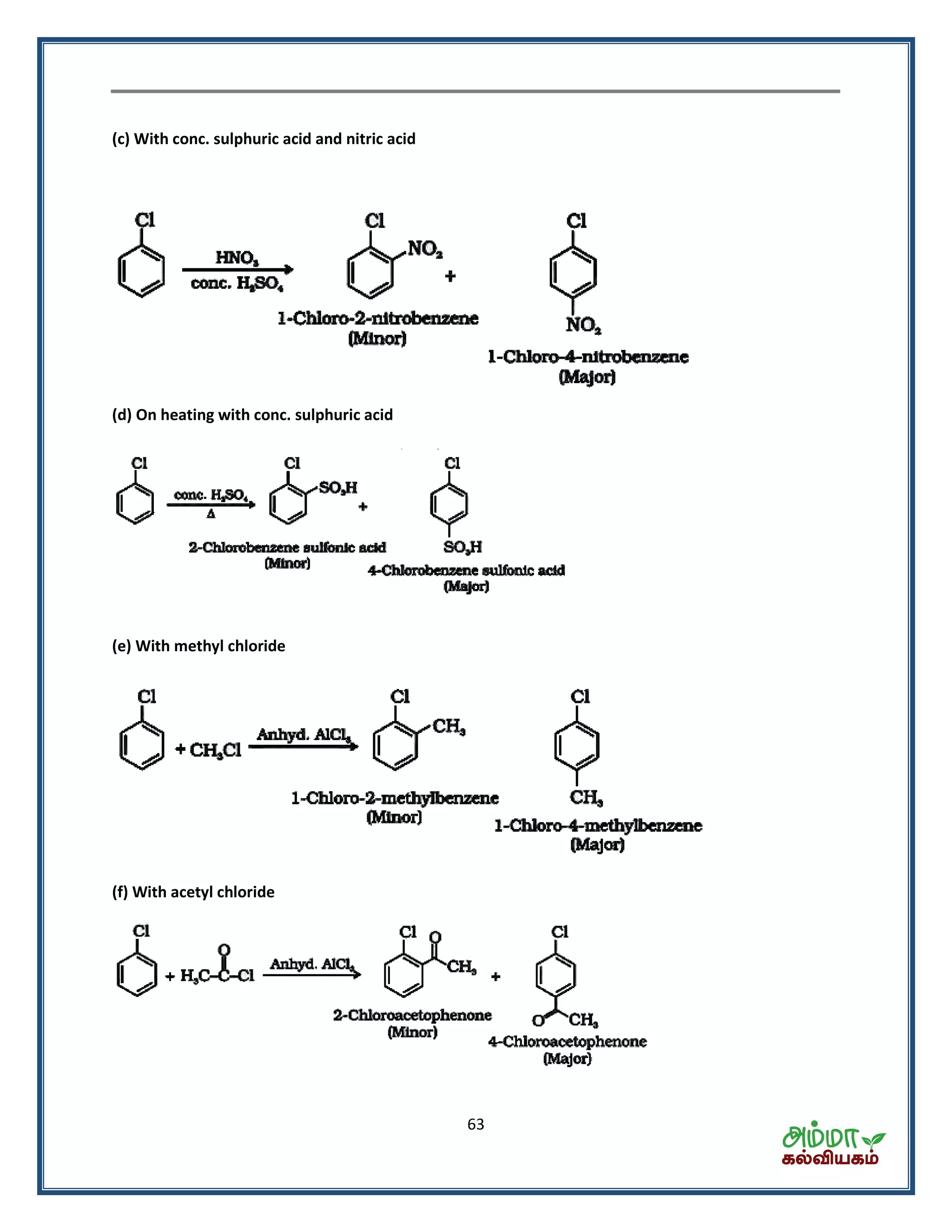 63
(c) With conc. sulphuric acid and nitric acid
(d) On heating with conc. sulphuric acid
(e) With methyl chloride
(f) With acetyl chloride
 